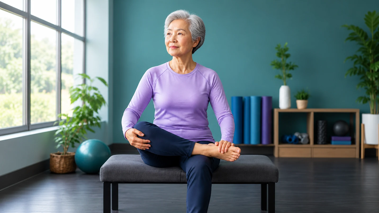 Older woman seated on a therapy bench doing a figure-four hip stretch in a bright exercise room; AI editorial reconstruction of the Facebook creative.