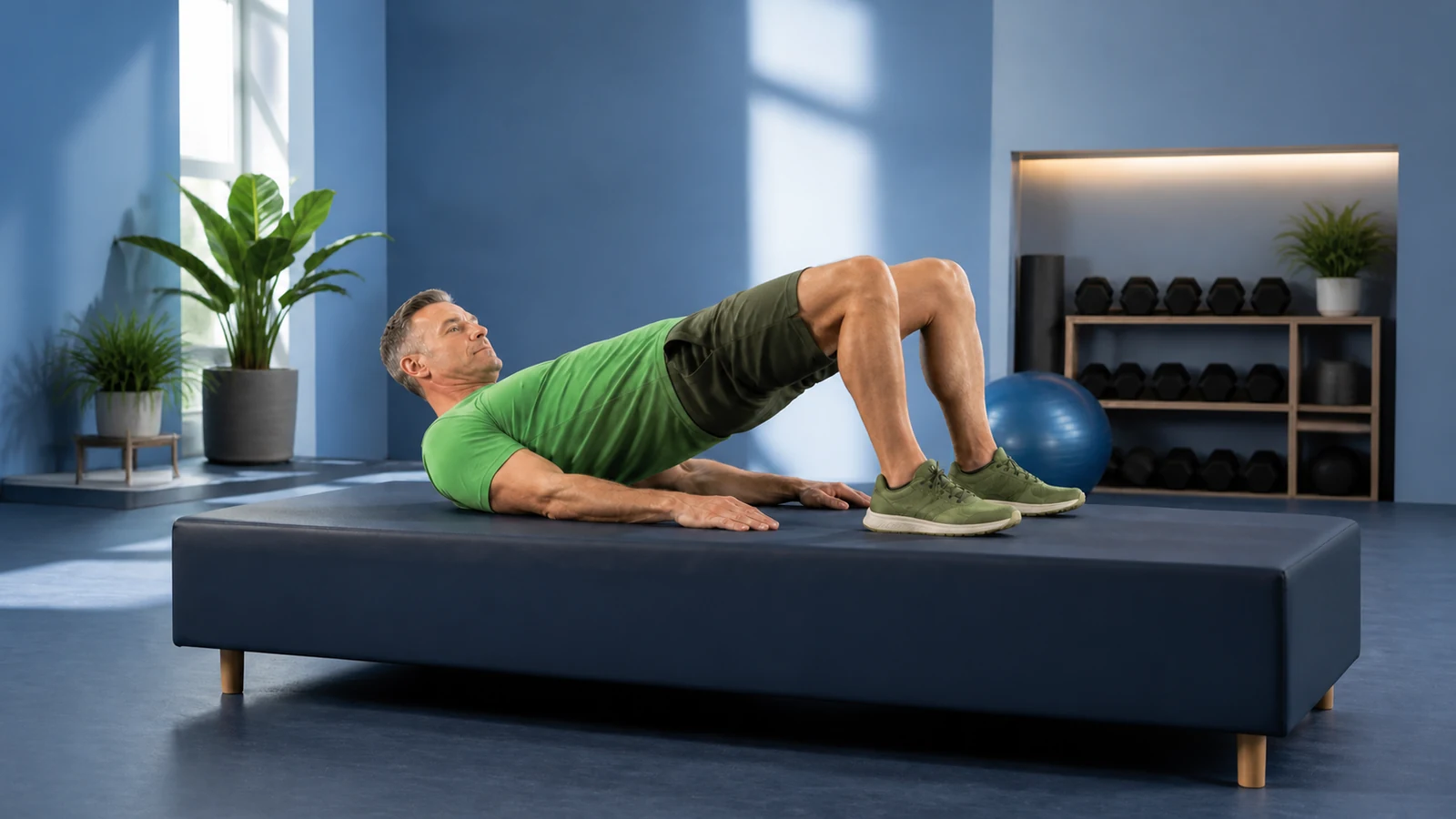 Man in green performing a bridge on a blue padded therapy bed.