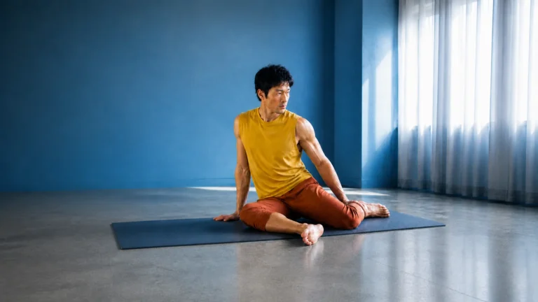 Man in a yellow top seated in a supported shin-box position on a blue mat.
