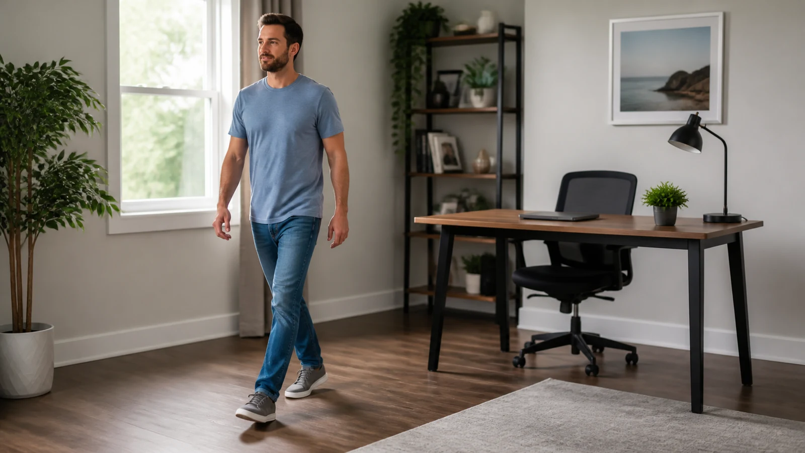 Illustrative man taking a walking break from his home-office desk.