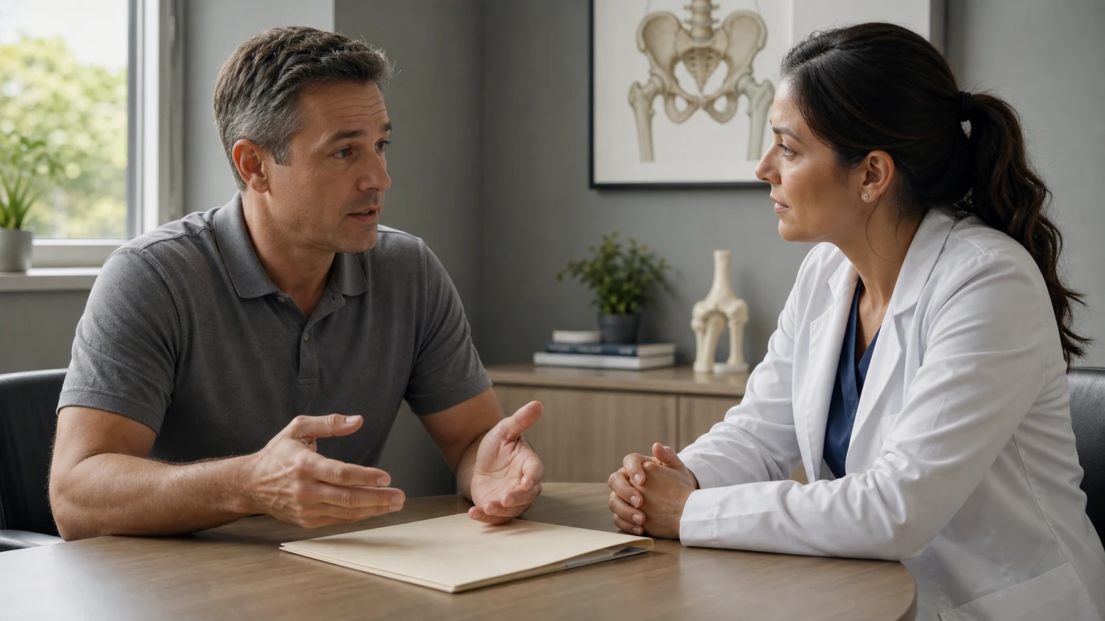 Man discussing hip treatment evidence with a clinician across a consultation table.