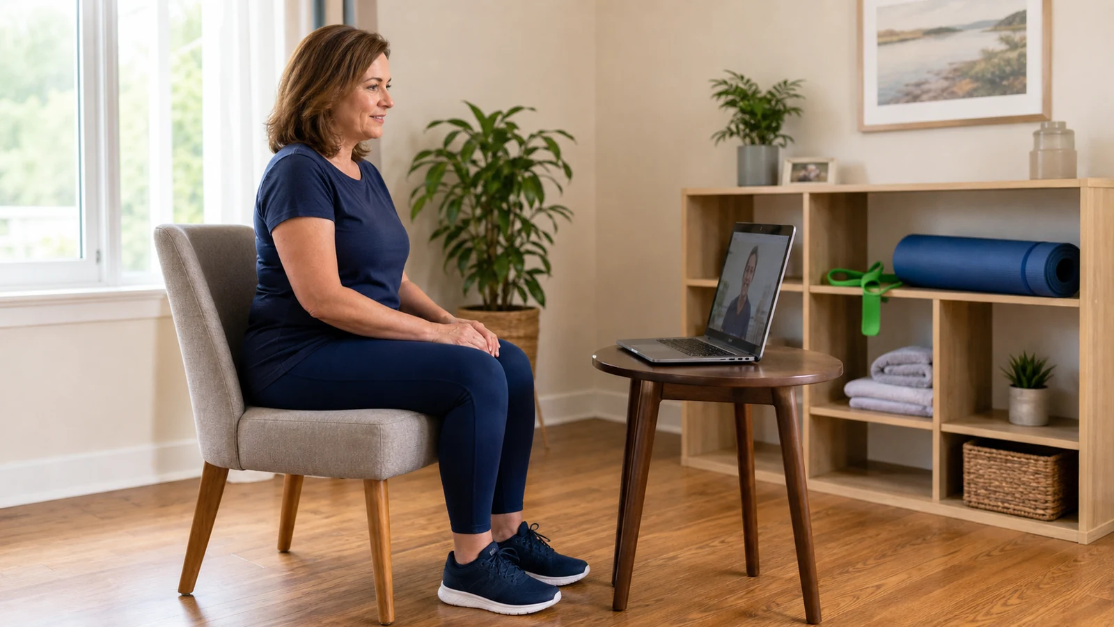 Illustrative photo of a woman seated at home for a laptop check-in, with an unused exercise mat and band nearby