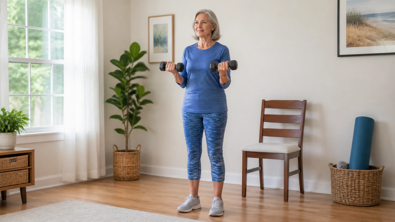Older woman performs a light dumbbell curl in a bright home exercise area.