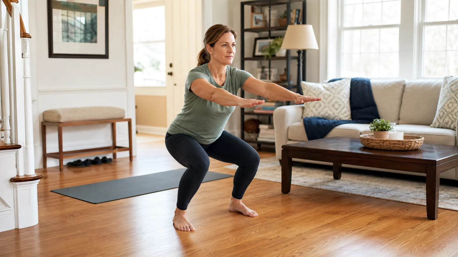 Woman beginning a gentle bodyweight warm-up in a clear space at home.