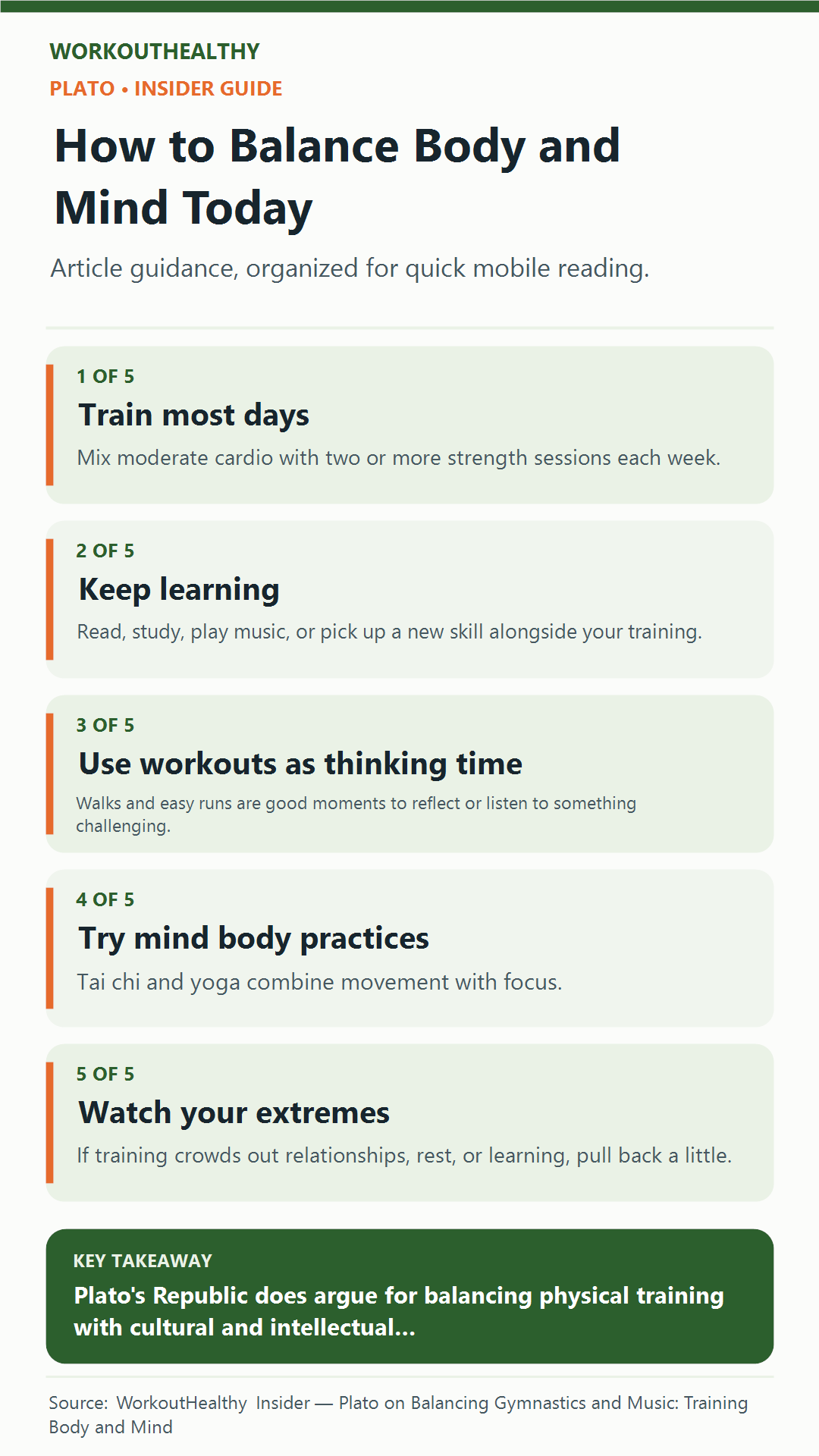 How to Balance Body and Mind Today: 5 practical points from the WorkoutHealthy Insider article about Plato.