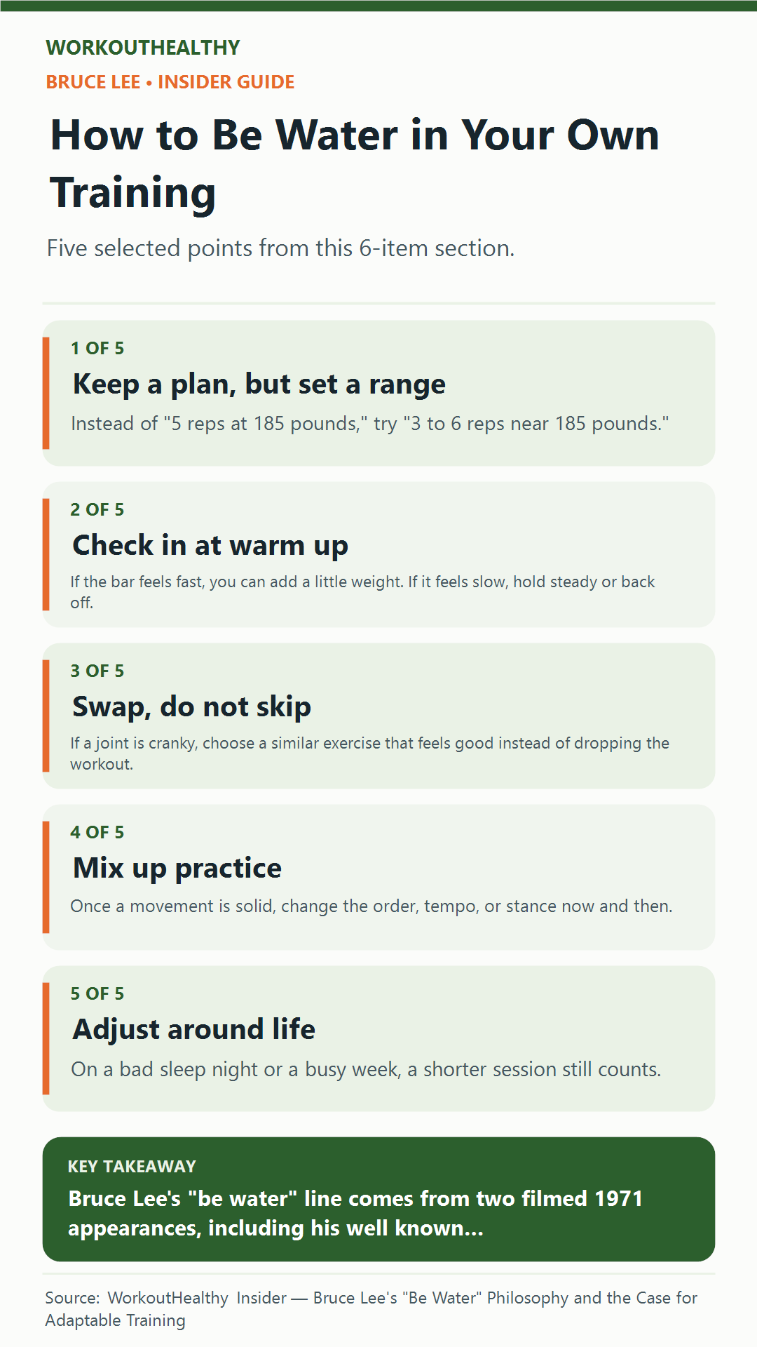 How to Be Water in Your Own Training: 5 practical points from the WorkoutHealthy Insider article about Bruce Lee.