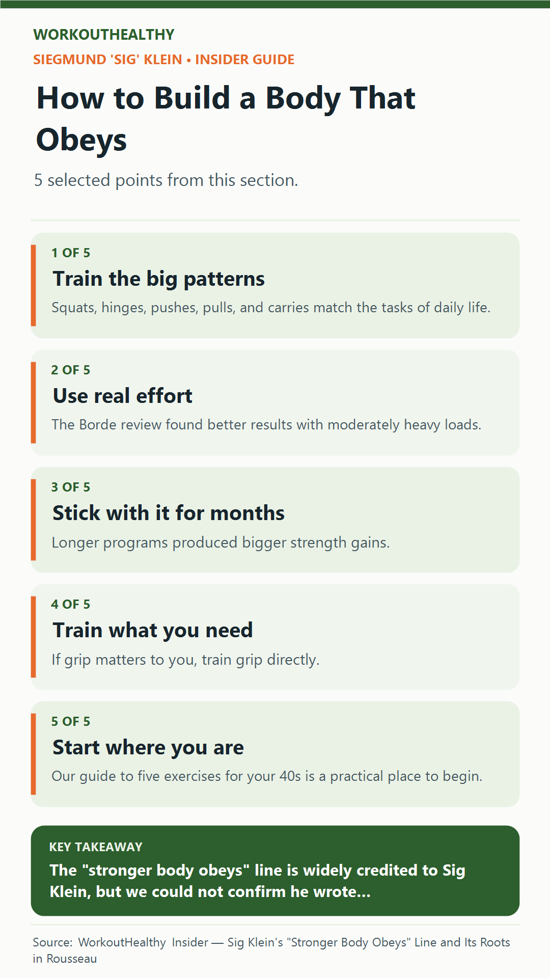 How to Build a Body That Obeys: 5 practical points from the WorkoutHealthy Insider article about Siegmund 'Sig' Klein.