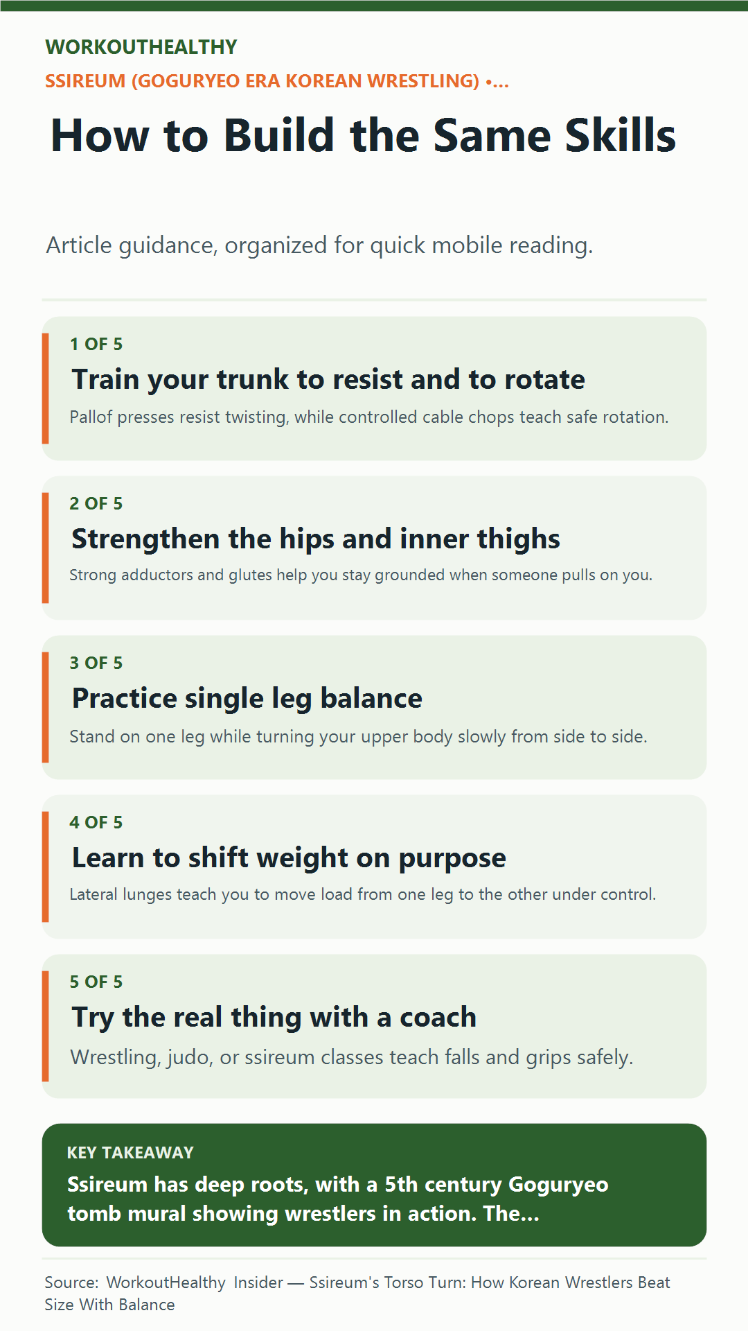 How to Build the Same Skills: 5 practical points from the WorkoutHealthy Insider article about Ssireum (Goguryeo era Korean wrestling).