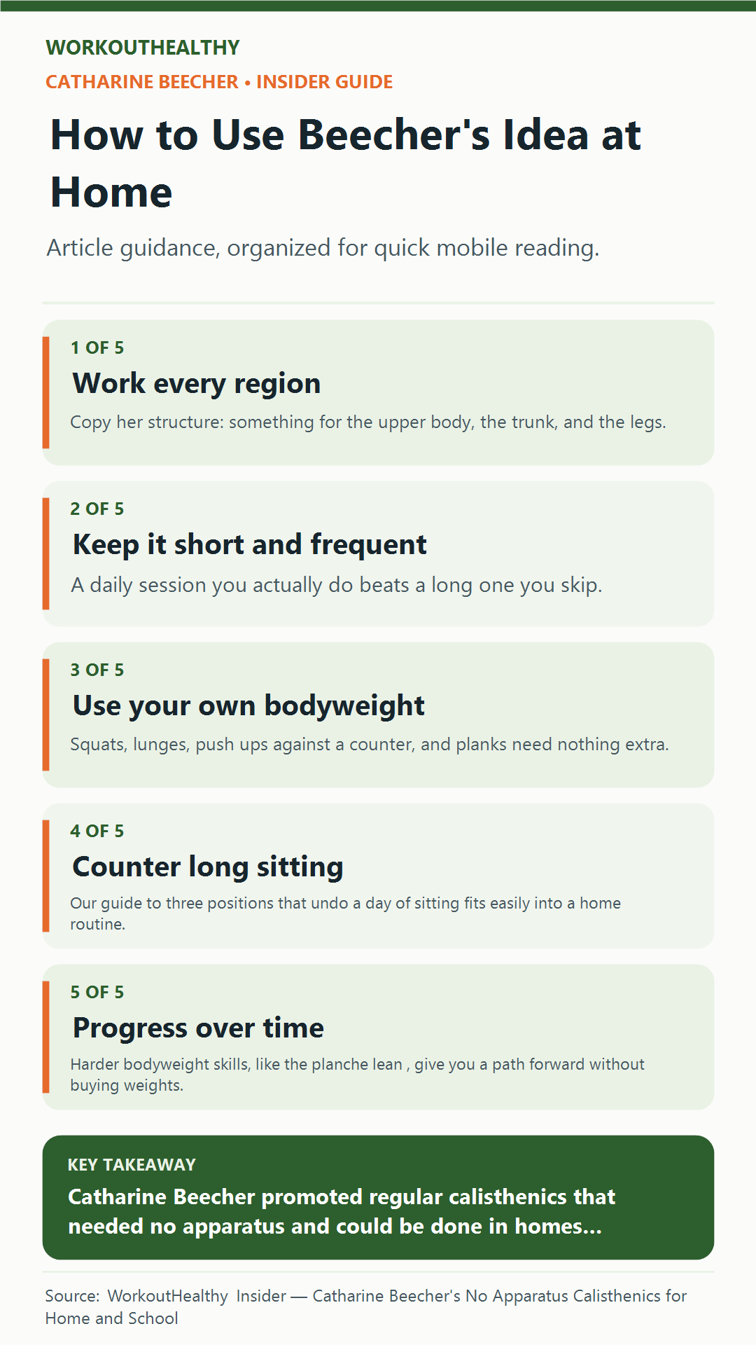 How to Use Beecher's Idea at Home: 5 practical points from the WorkoutHealthy Insider article about Catharine Beecher.