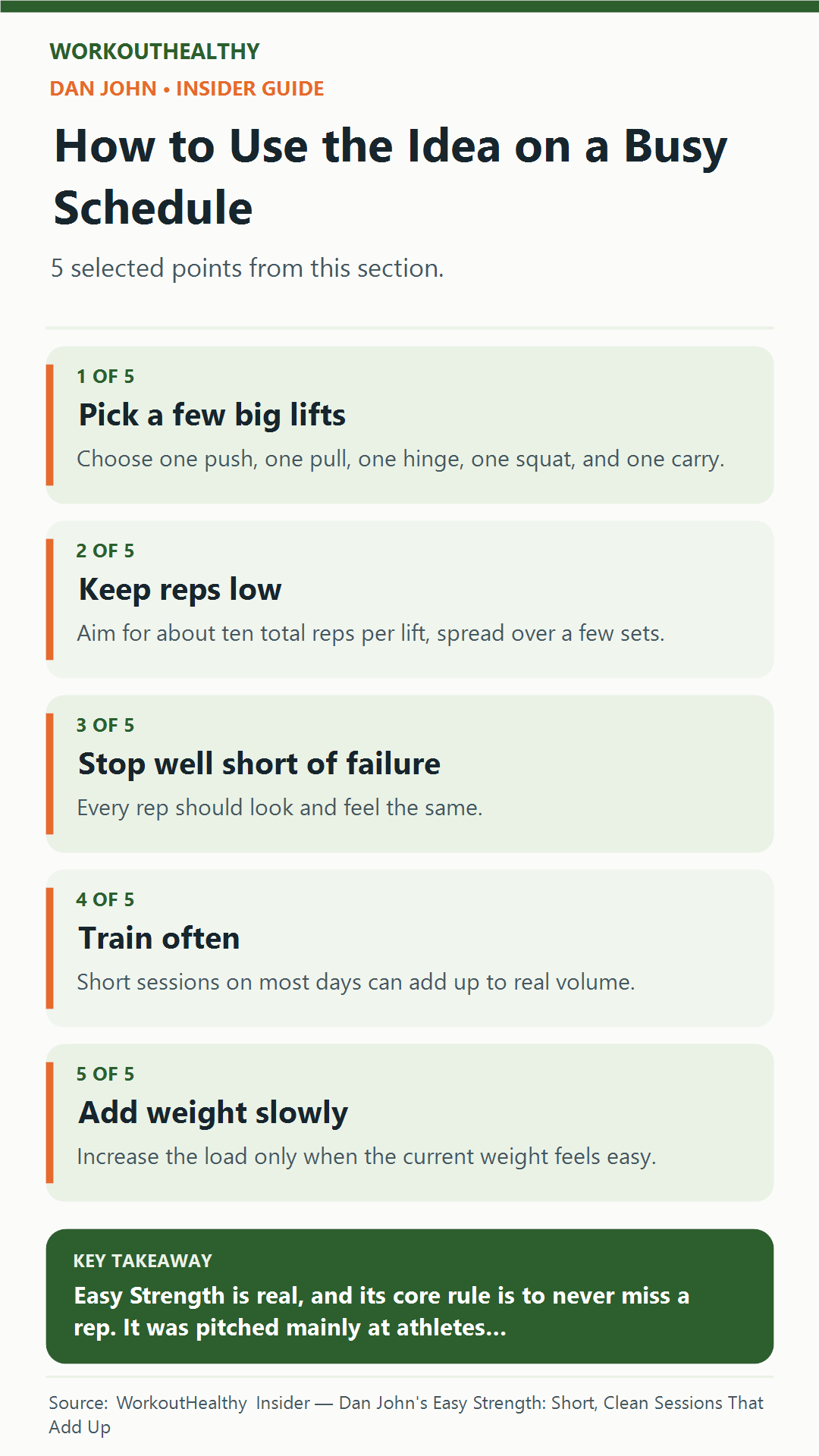 How to Use the Idea on a Busy Schedule: 5 practical points from the WorkoutHealthy Insider article about Dan John.