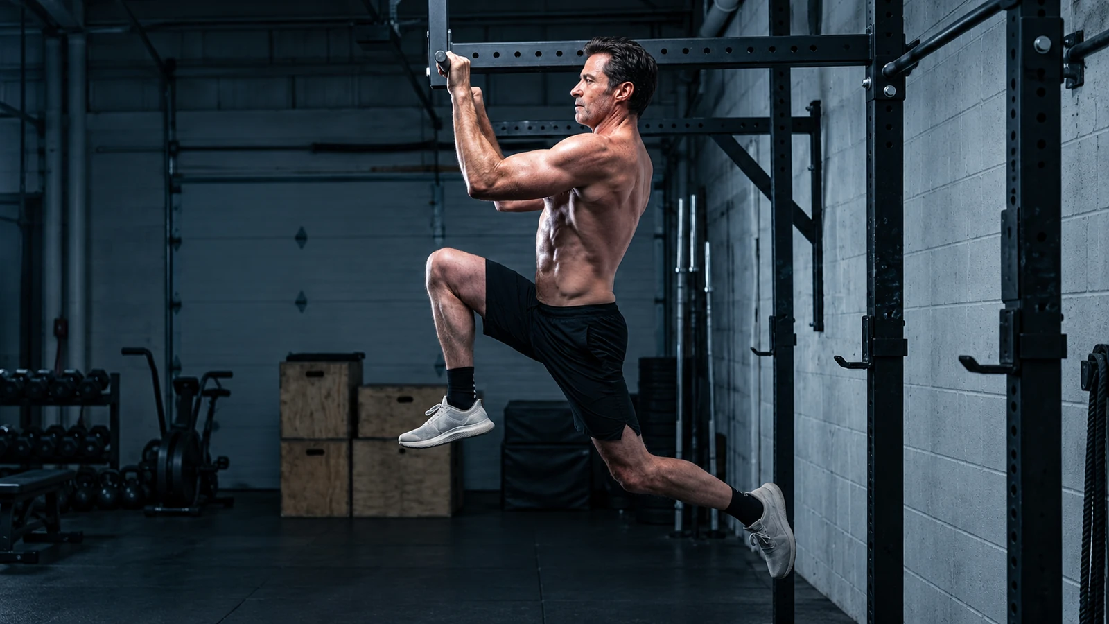 Editorial illustration of Hugh Jackman in the staircase pull-up pose from the scheduled creative; not a still from the original video.