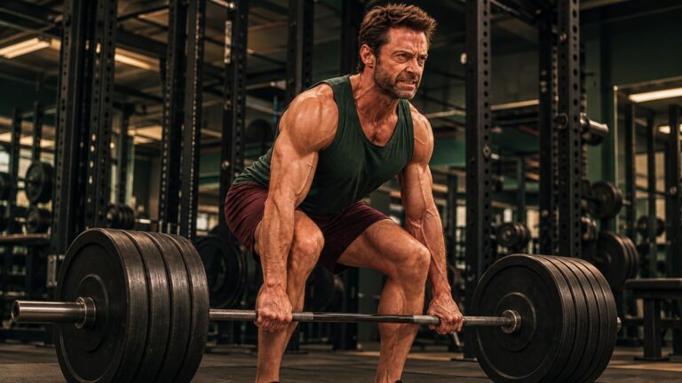 3D illustration of Hugh Jackman in a dark green tank and burgundy shorts gripping a barbell in a gym.