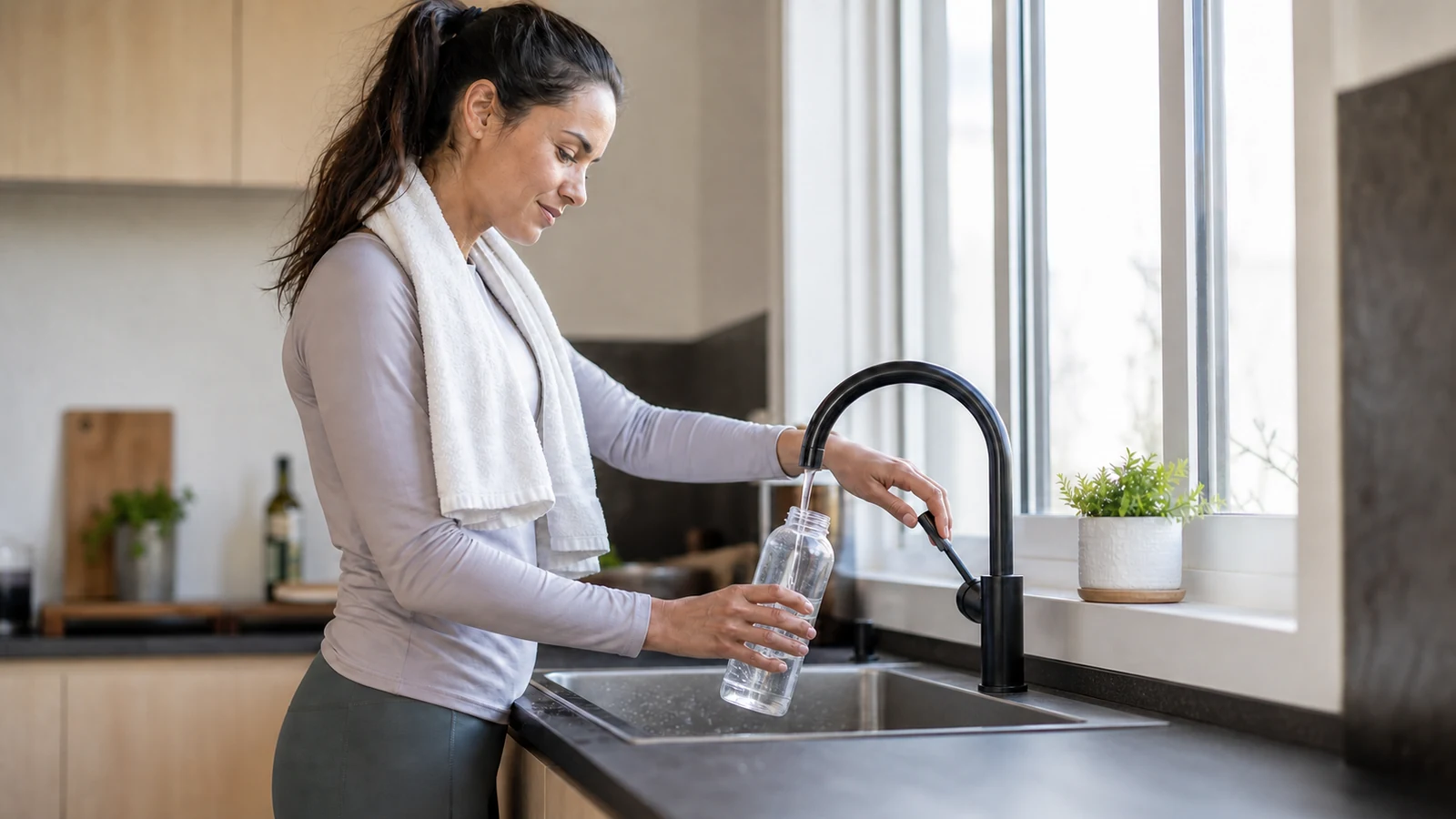 Woman refilling a reusable water bottle after a workout in a home kitchen.