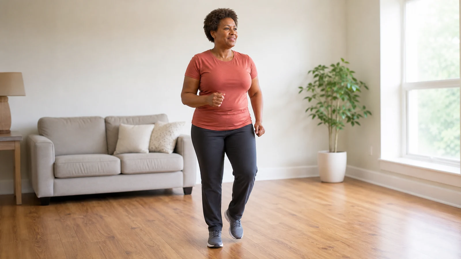 Woman marching in place in a bright living room with clear floor space.