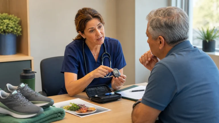Illustrative clinician consultation with a blood glucose meter and lifestyle materials