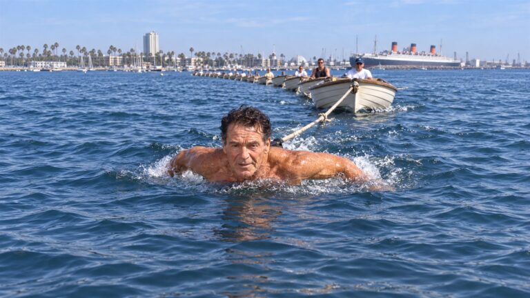 Editorial reconstruction of Jack LaLanne swimming with a tow rope and boats in Long Beach Harbor.