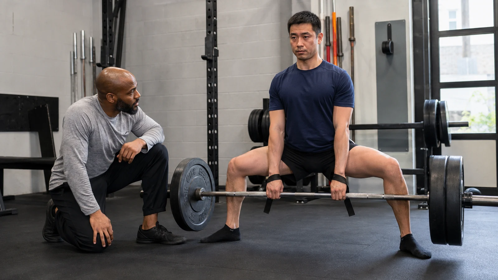 A recreational male lifter practices a moderate sumo deadlift with straps while a coach watches his bar path and hip position.