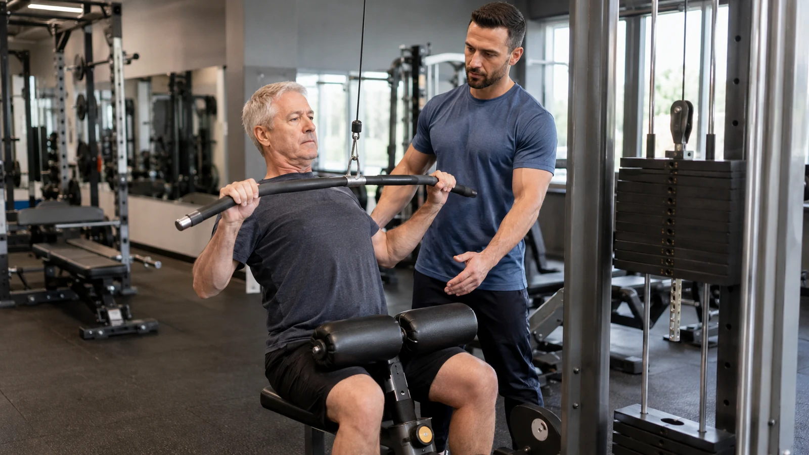 An older recreational man performs a moderate lat pulldown while a coach monitors his posture and bar path.