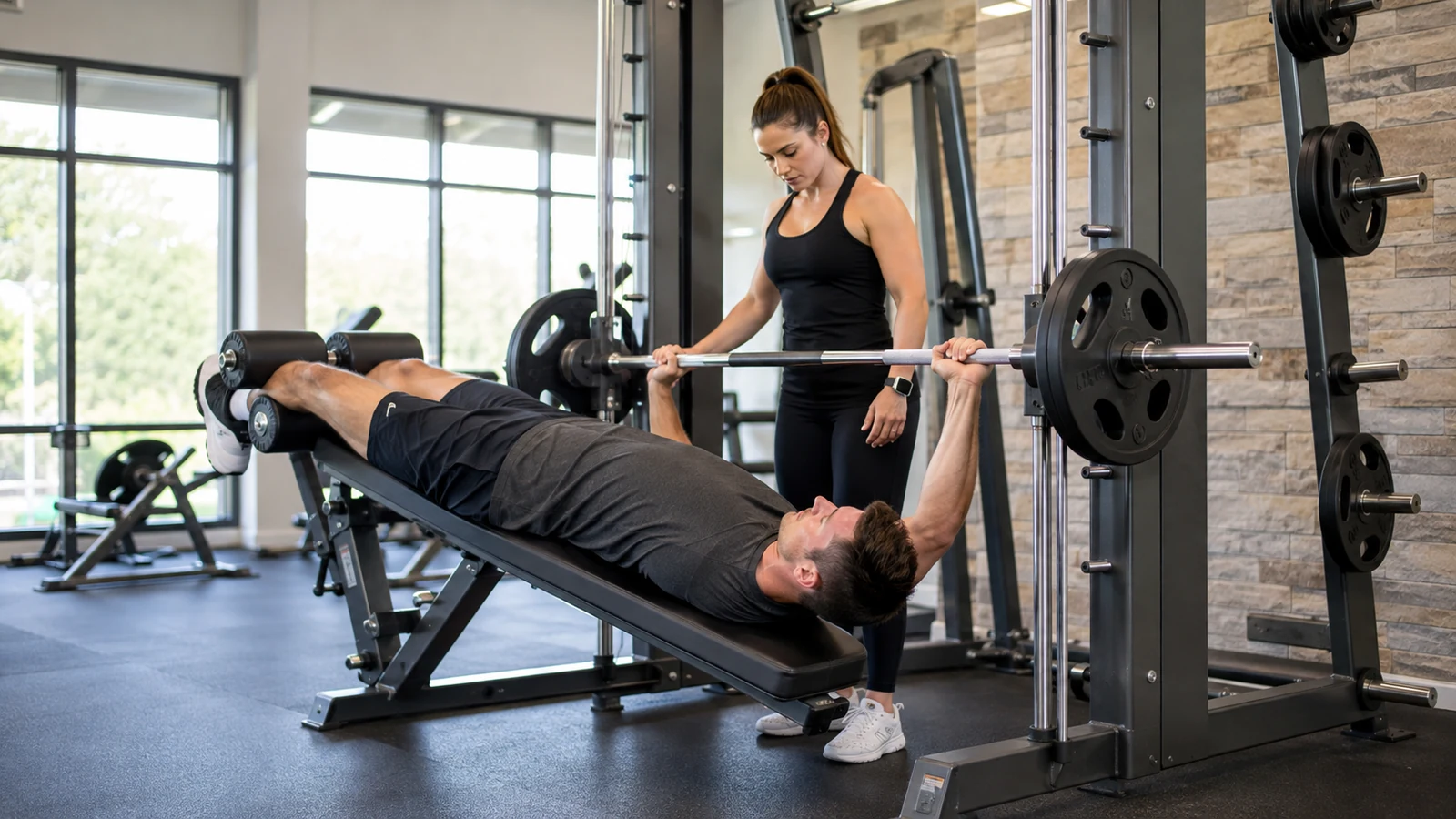 A recreational lifter practices a moderate decline Smith-machine bench press while a coach spots and watches bar path.