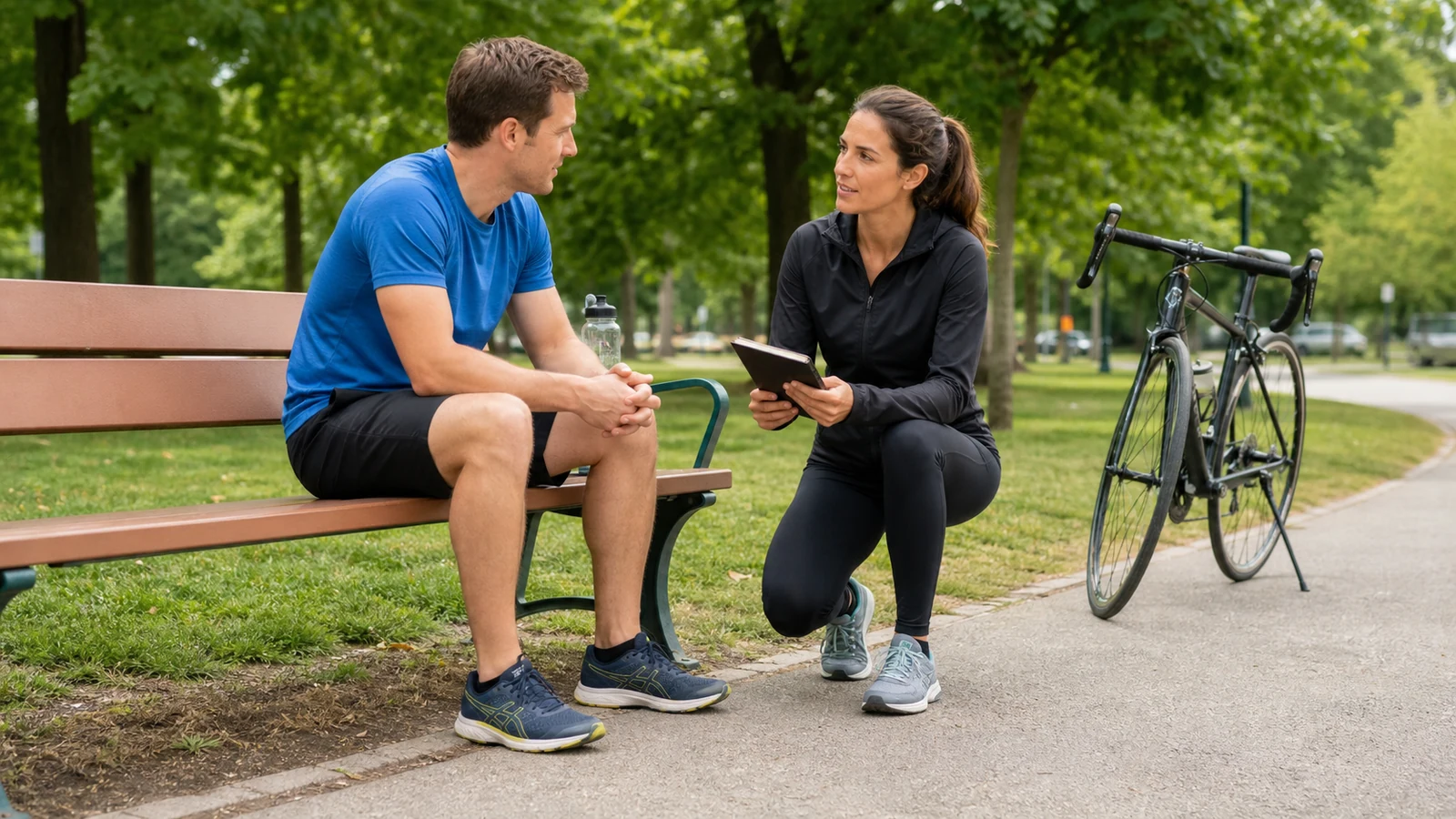Recreational cyclist discussing a running plan with a coach beside a park bench.