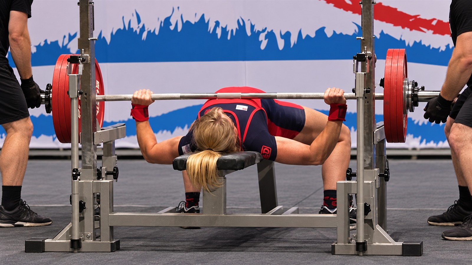 Editorial illustration of a record bench press at a powerlifting meet, created for the Jennifer Thompson article.