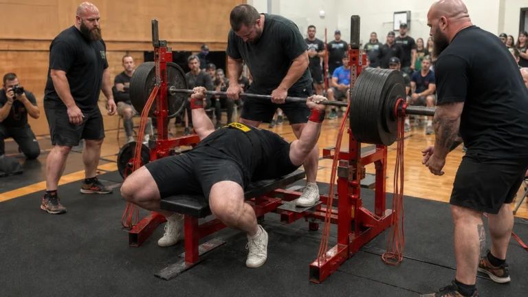 Jeremy Hoornstra bench pressing at Kings of the Bench X with three spotters around the red rack.