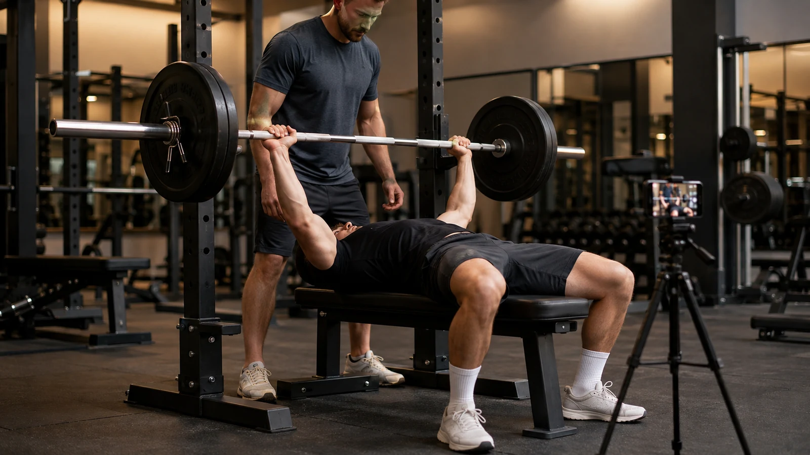 Recreational lifter practicing a repeatable raw bench setup while a spotter watches and a phone records the side view.