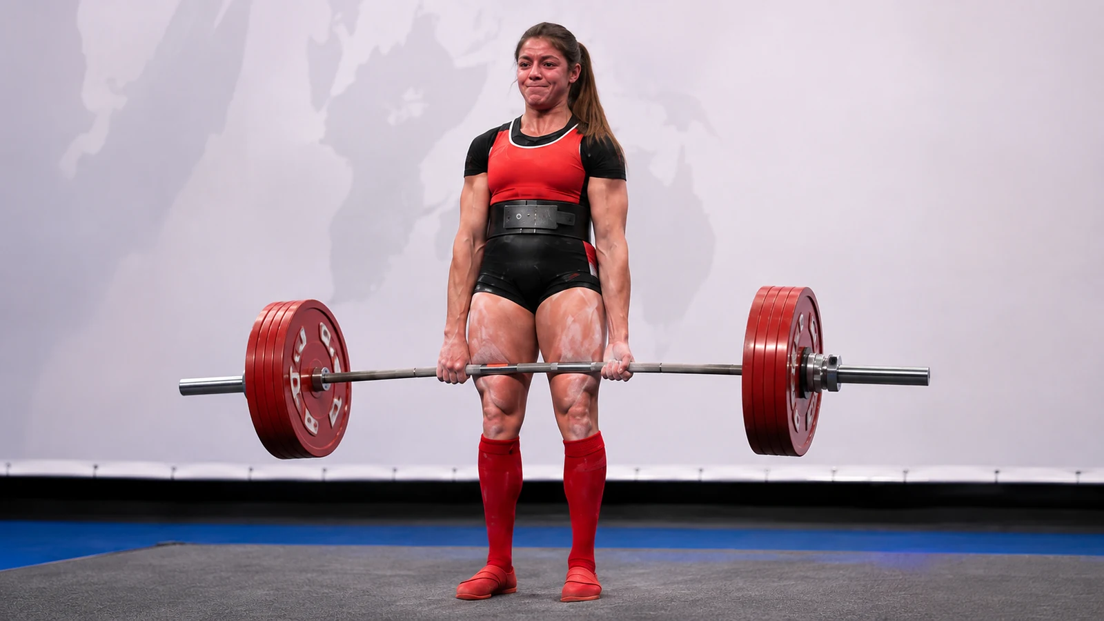 Illustrative recreation of Jessica Buettner locking out a competition deadlift in the 76-kilogram class
