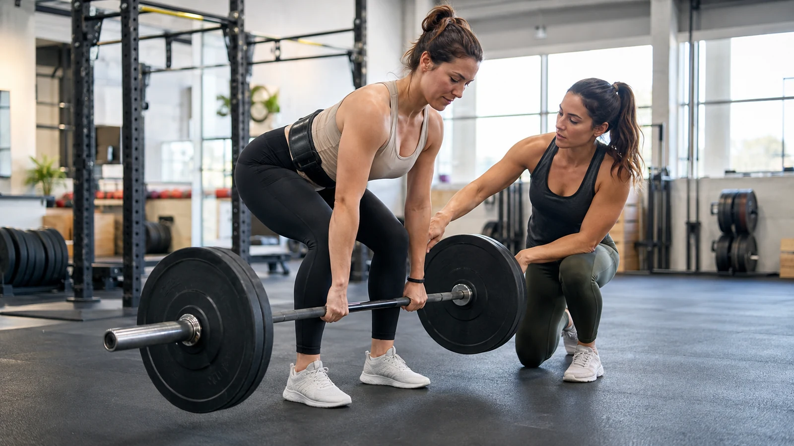 Female recreational lifter practicing a moderate conventional deadlift with a coach checking bar position