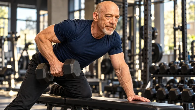 Editorial illustration of an older man resembling J.K. Simmons performing a supported dumbbell row in a gym.