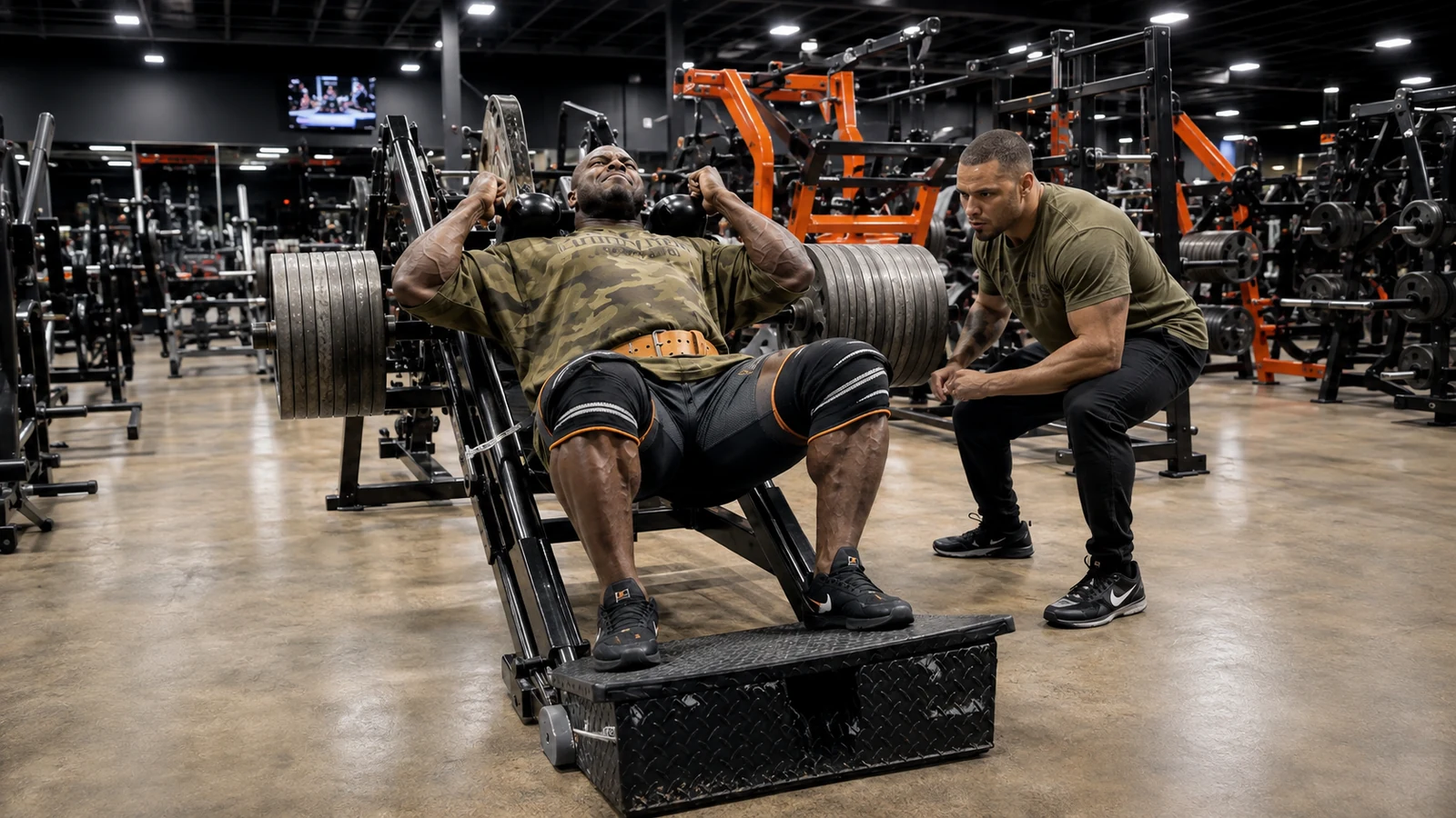 Editorial illustration of Joe Mackey's 990-pound hack squat feat; not a photograph of the original set