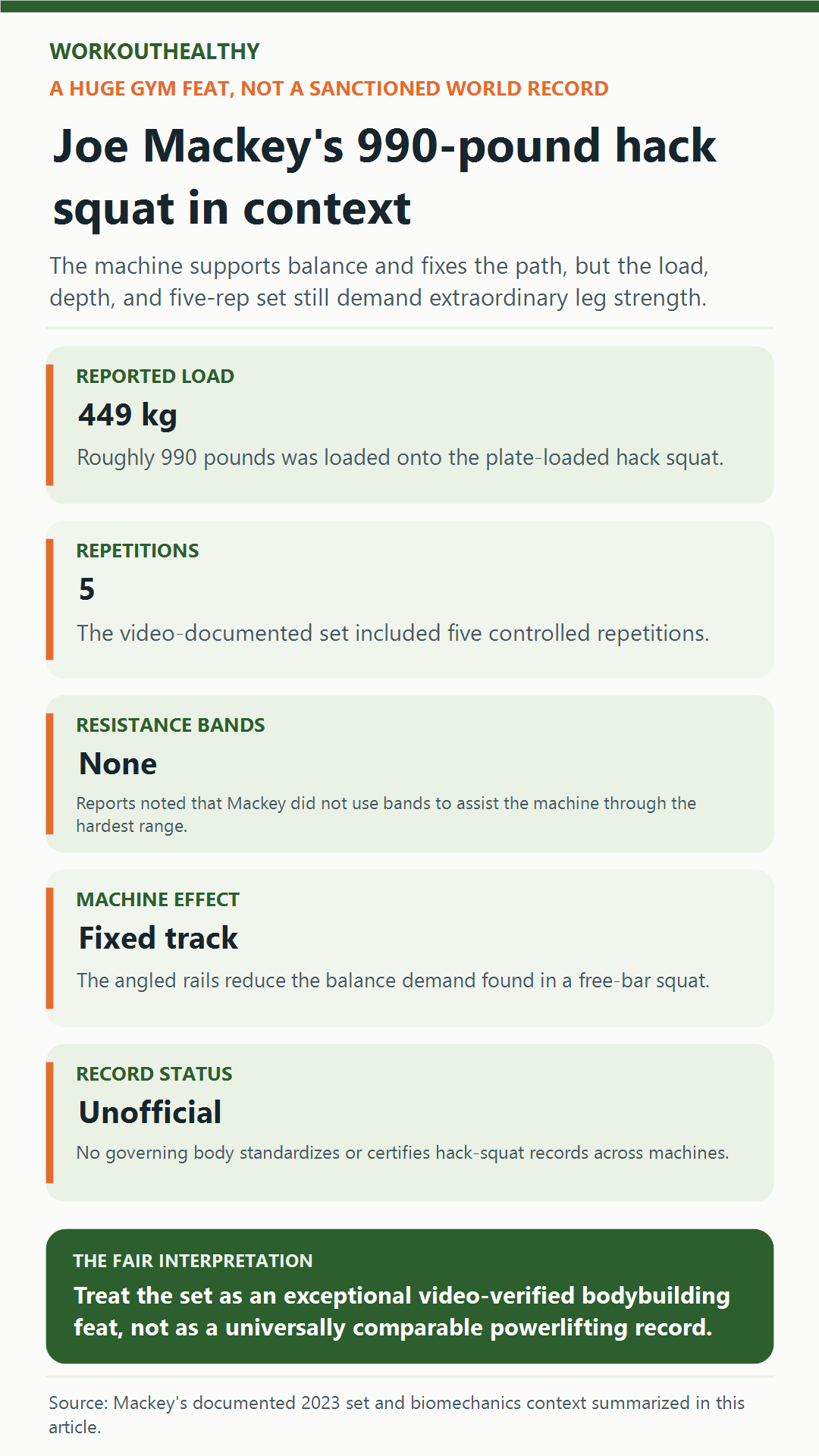 Infographic explaining Joe Mackey’s 990-pound five-rep hack squat and its unofficial record status