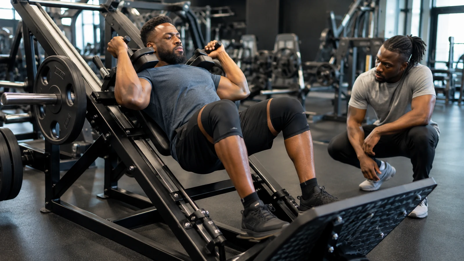 A recreational lifter performs a controlled hack squat while a coach watches