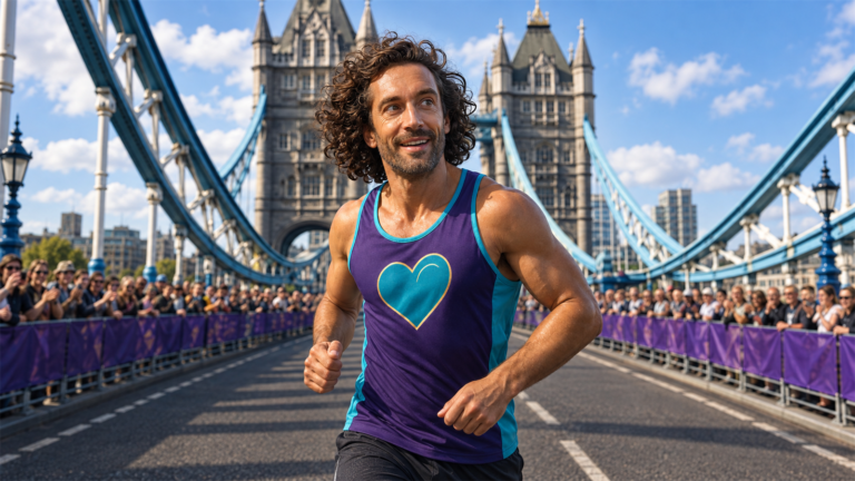 Joe Wicks running on Tower Bridge during a charity marathon illustration
