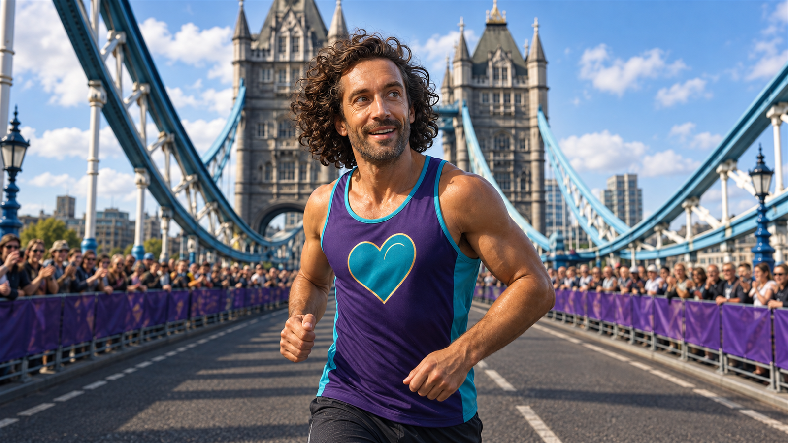 Joe Wicks running on Tower Bridge during a charity marathon illustration