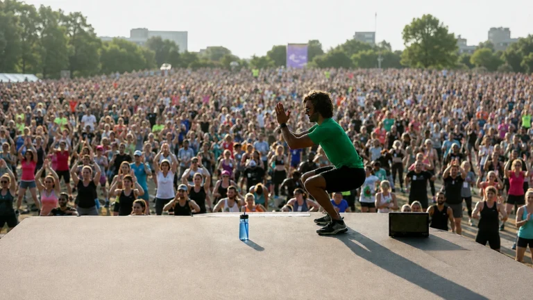 Editorial illustration of Joe Wicks leading a large outdoor group HIIT class in Hyde Park; not documentary footage of the 2017 Guinness record.