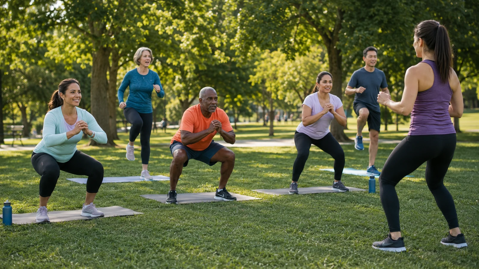 A diverse group of recreational adults performs controlled bodyweight squats and low-impact intervals with a coach in a park.