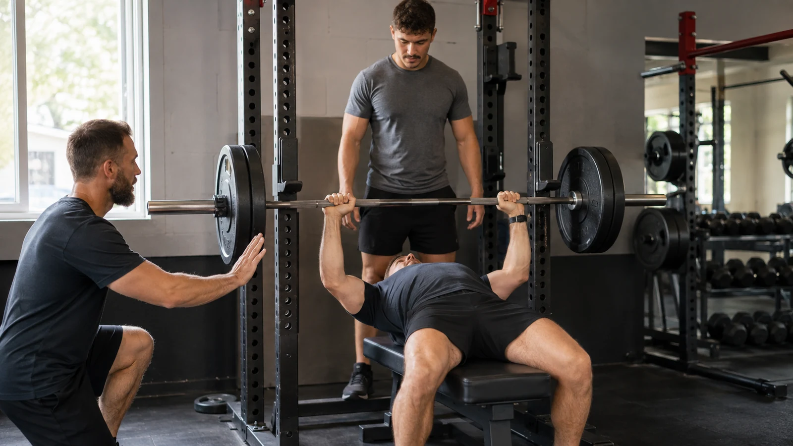 Recreational lifter practicing a controlled bench press while a coach and rear spotter monitor the set.
