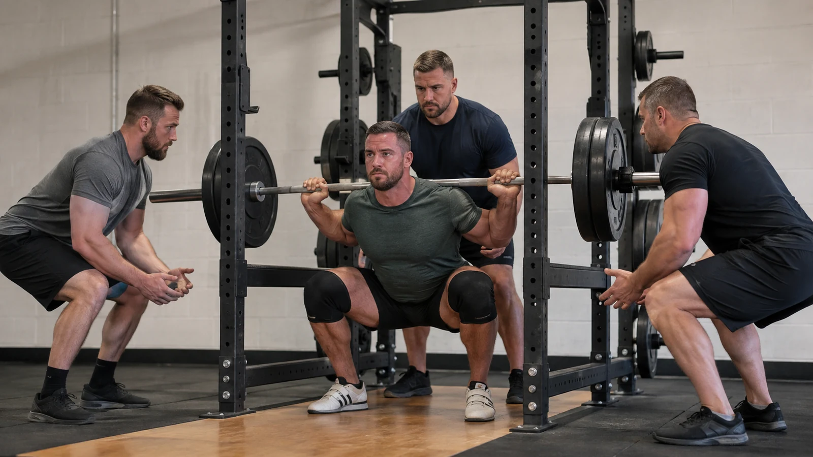 Recreational male lifter performing a controlled squat inside a power rack while one rear and two side spotters stay ready.