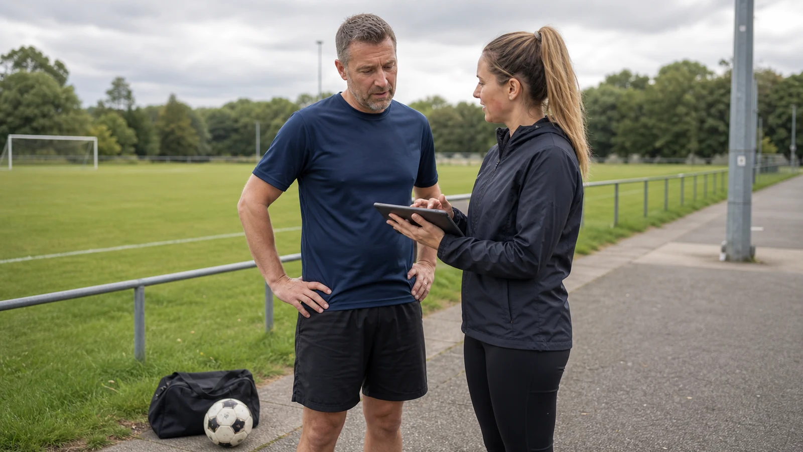 Recreational football player discussing distance-running preparation with a coach.