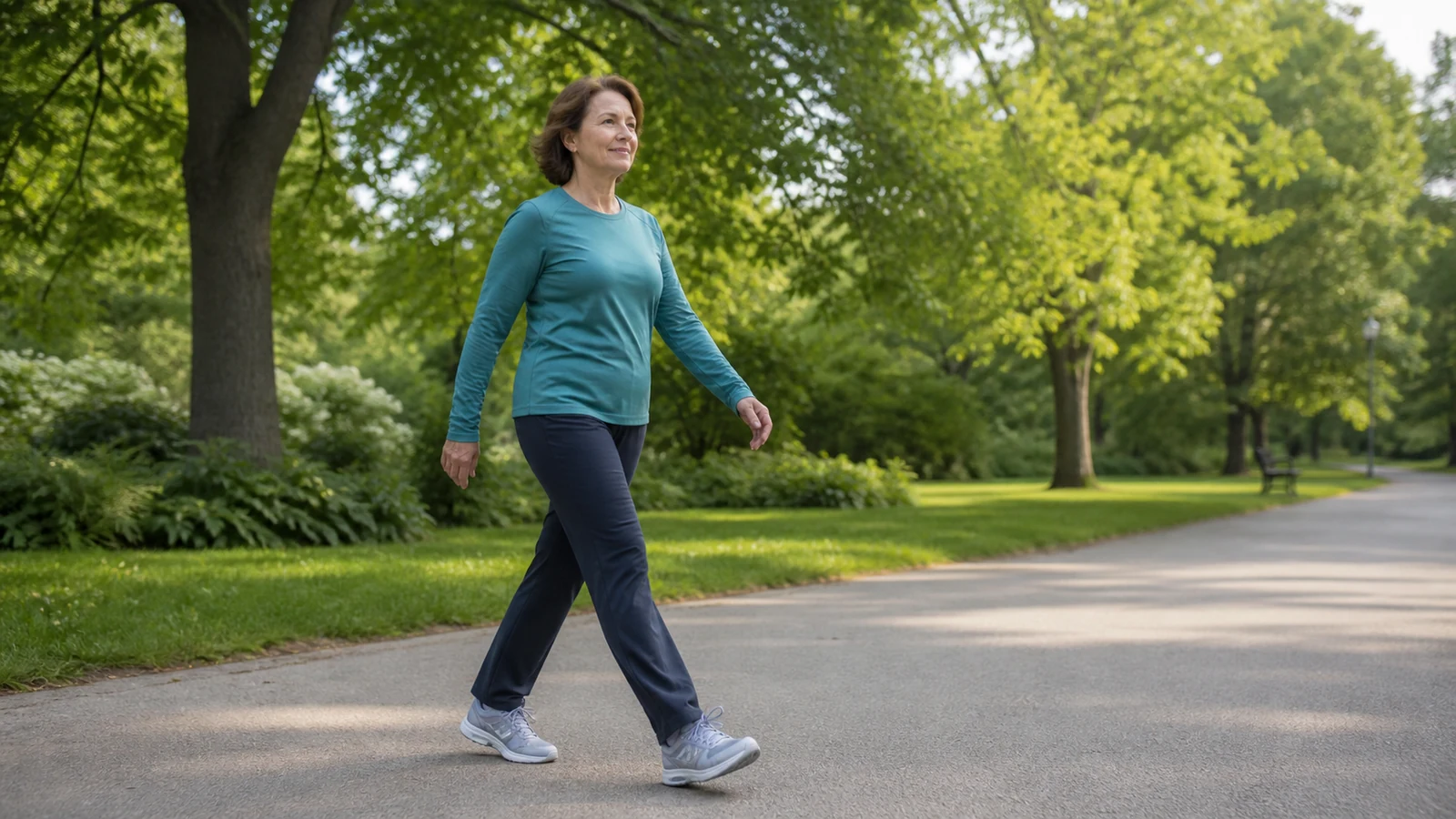Older woman walking at a comfortable pace on a level park path.