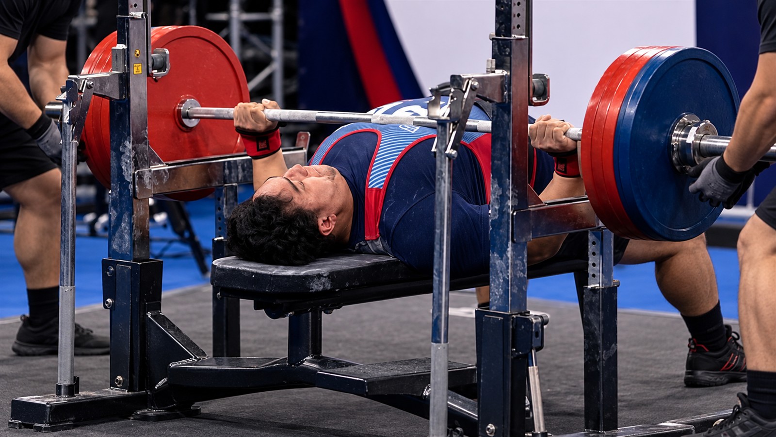 Editorial illustration of a 246-kilogram bench press at a powerlifting meet, created for the Jonathan Cayco record article.