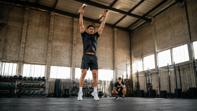 Joseph Salas jumps with arms overhead during a burpee record attempt in an industrial gym