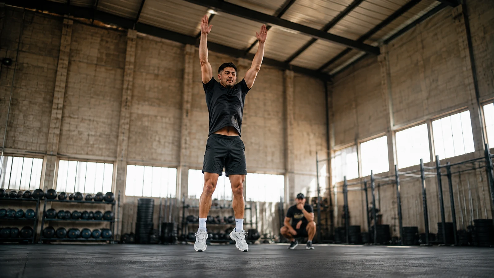 Joseph Salas jumps with arms overhead during a burpee record attempt in an industrial gym