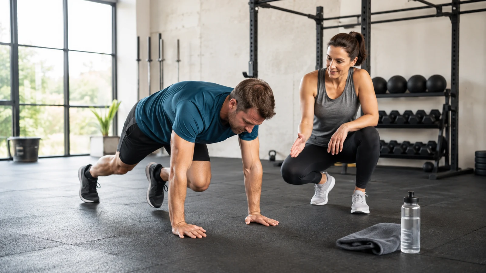 A recreational man performs a controlled burpee step-back while a coach watches his form