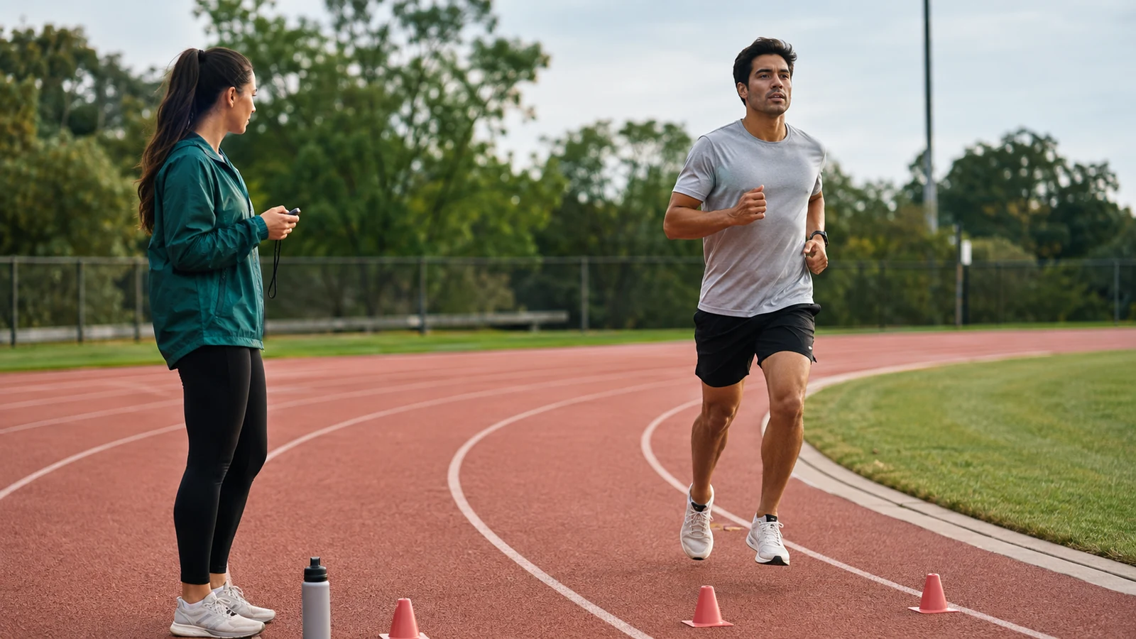 A recreational runner completes a controlled track interval while a coach times the effort