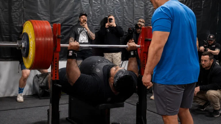 Julius Maddox bench pressing 782.64 pounds at Hybrid Showdown III with a side spotter nearby.