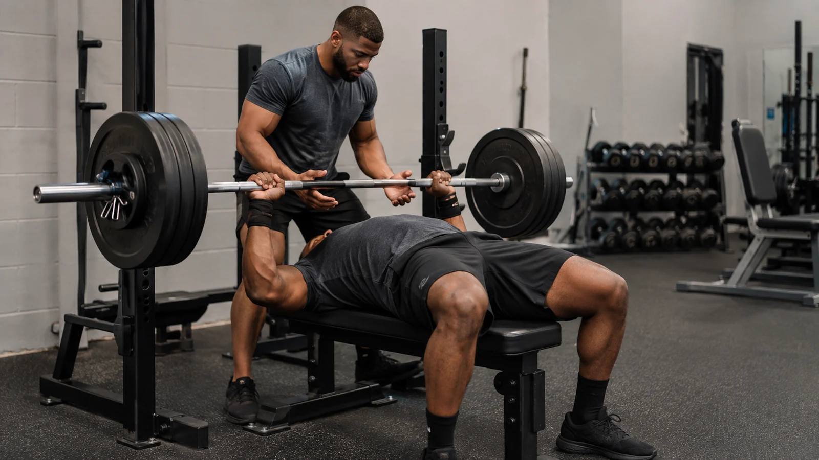 Recreational Black male lifter practicing a paused bench press with an attentive spotter and a manageable symmetric load.