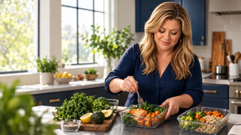 Editorial illustration of a blonde singer preparing a balanced meal in a home kitchen