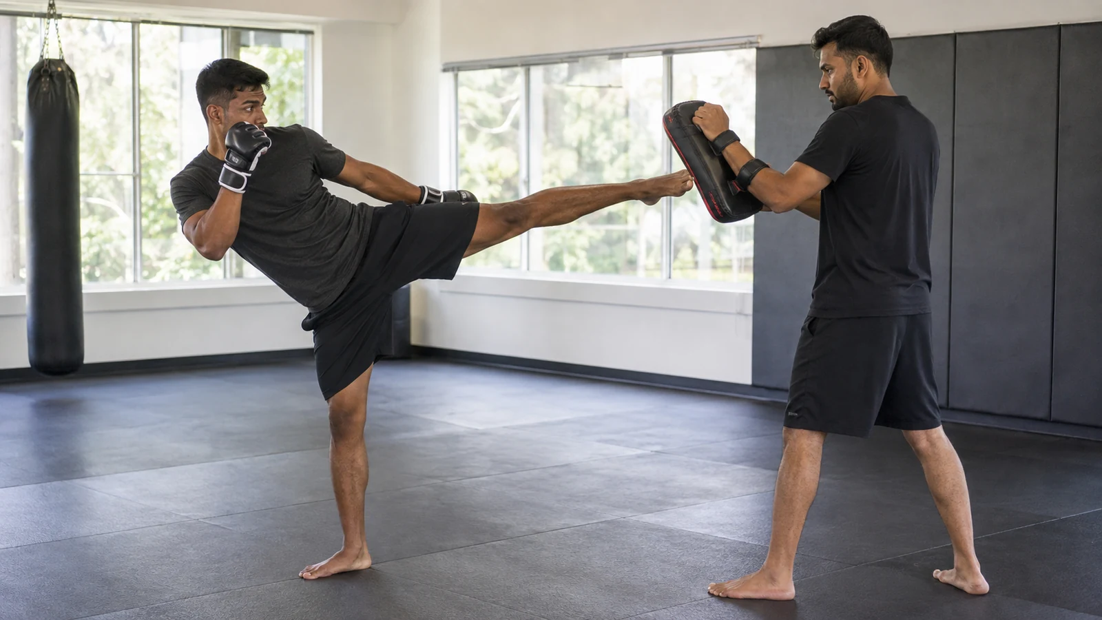 Martial arts trainee practicing a controlled kick with a coach